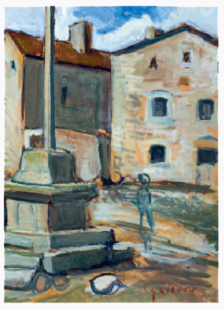 Le Born croix de la place du village, peinture de Victorin Gali&egrave;re